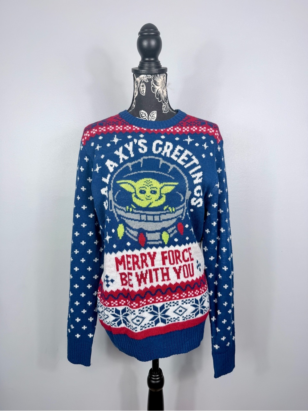 Star Wars Galaxy's Greetings Yoda blue ugly Christmas sweater size medium